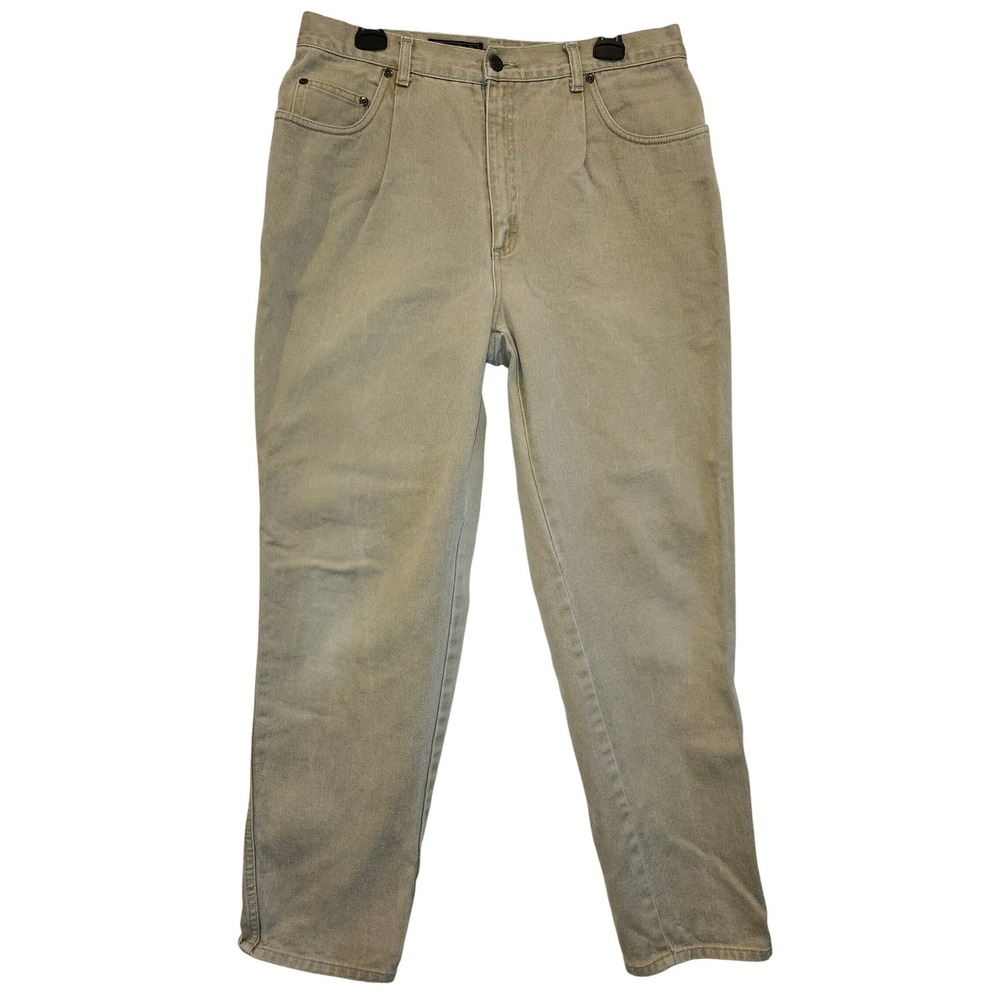 Vintage Eddie Bauer Pleated Denim Pants Mens 34M Tan Khaki Cotton Straight Leg